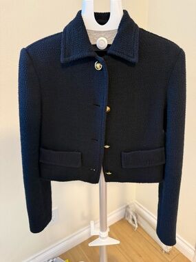 Aritzia Babaton Navy Cropped Bouclé Blazer with Gold Buttons XS